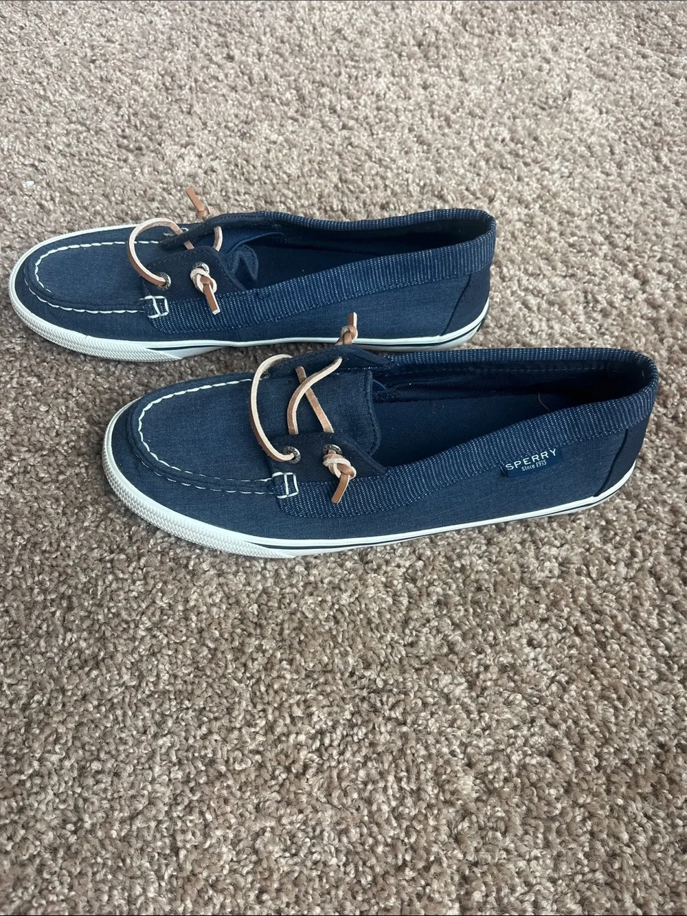 Sperry Navy Canvas Slip-On Boat Shoes with Tan Laces
